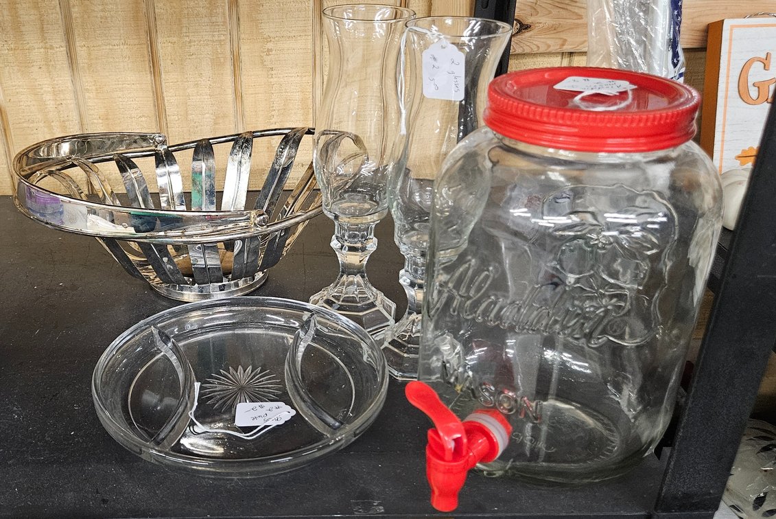 Glass Beverage Dispenser, Divided Dish, Metal Basket, and More