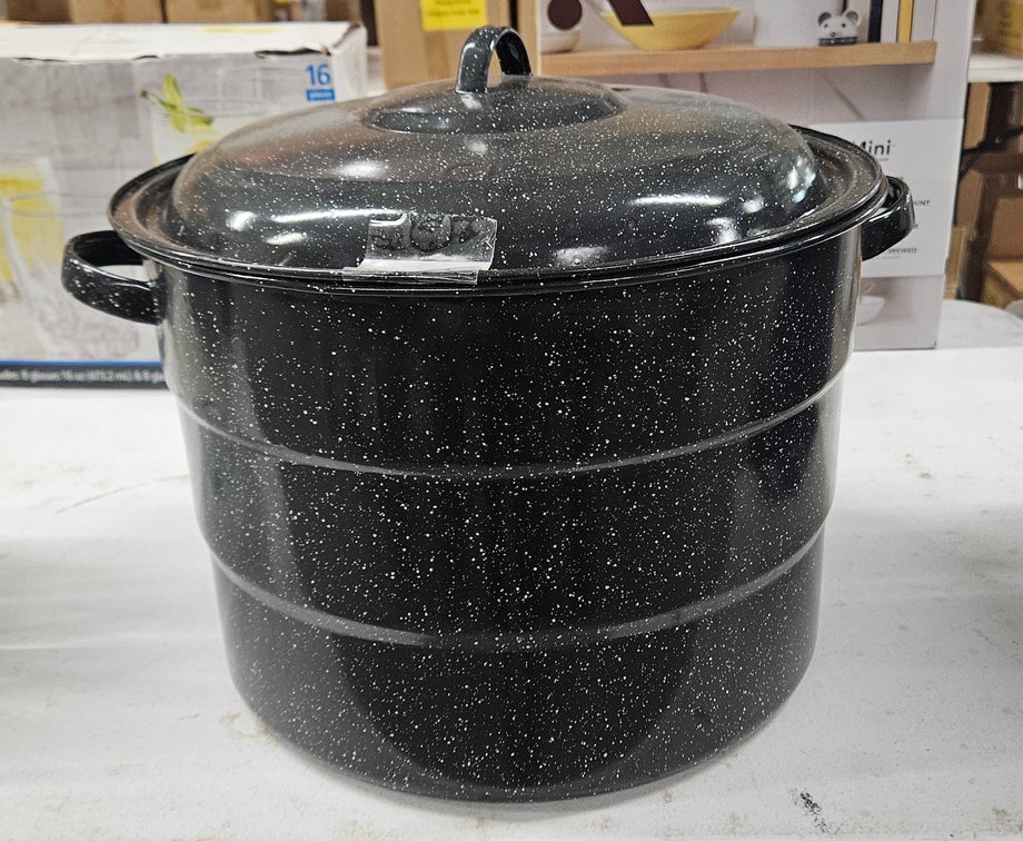 Black Speckled Enamelware Canning Pot with Lid and Rack