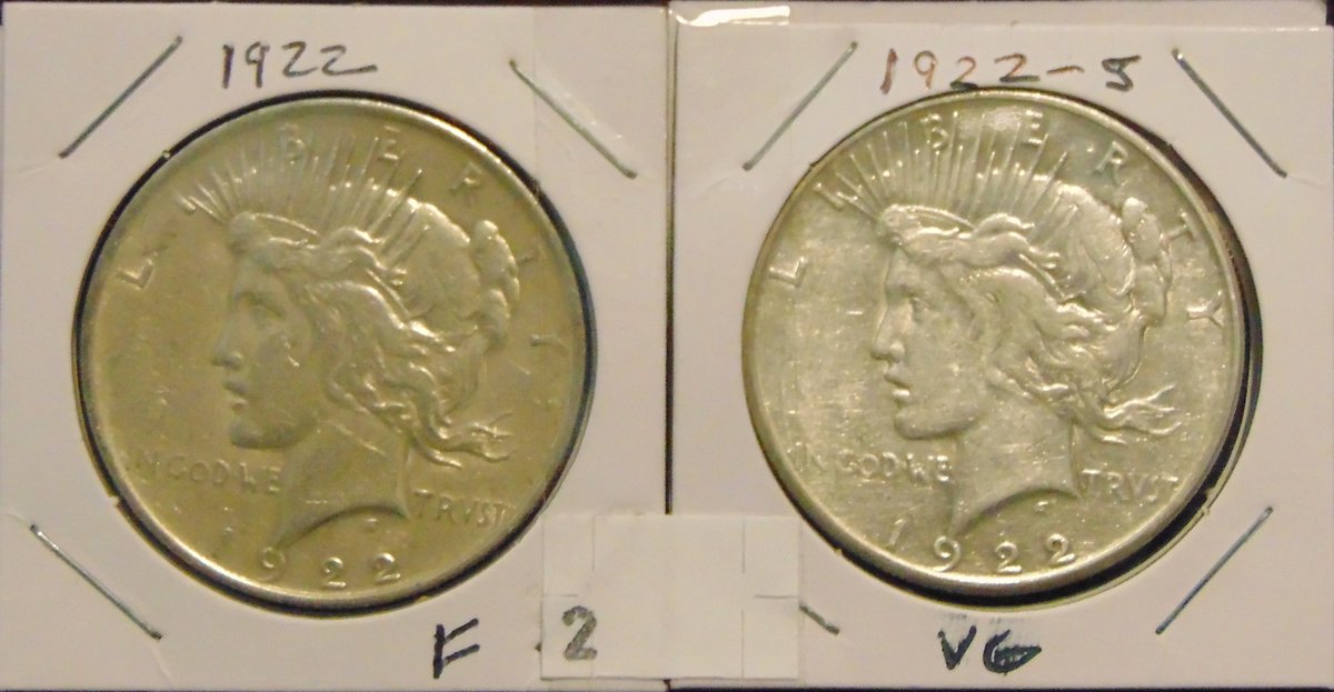 1922, 1922-S Peace Dollars F, VG.