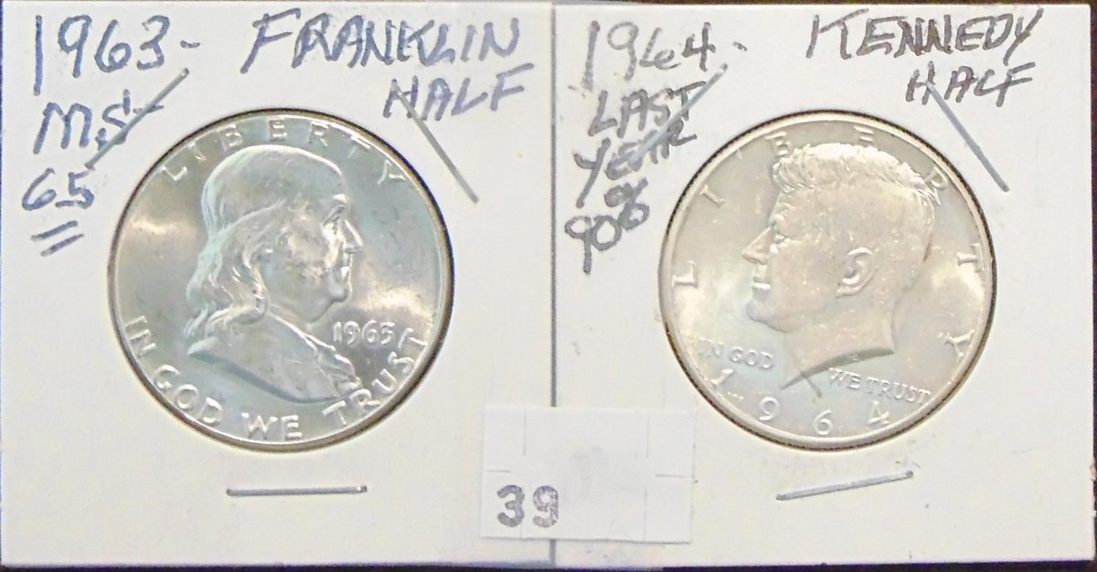 1963 Franklin Half Dollar MS. 1964 Kennedy Half Dollar AU-MS.