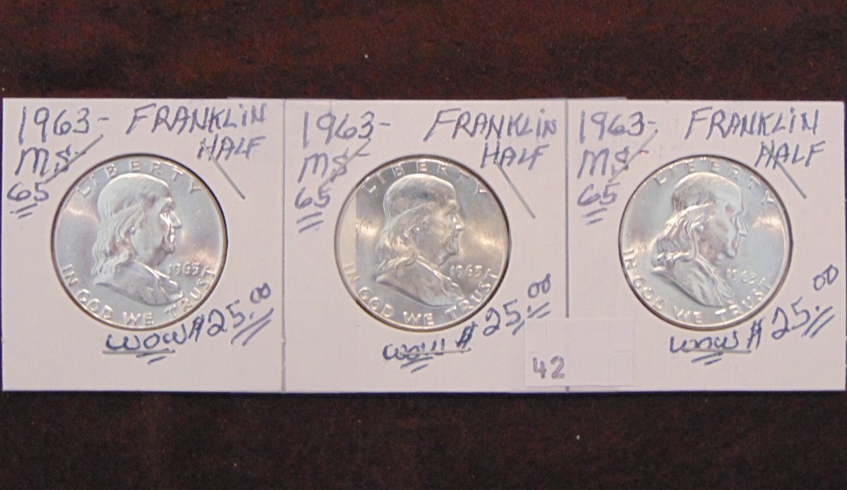 3 1963 Franklin Half Dollars MS+. Nice!