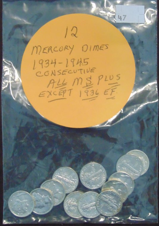 12 Mercury Dimes 1934-1945 consecutive EF to MS.