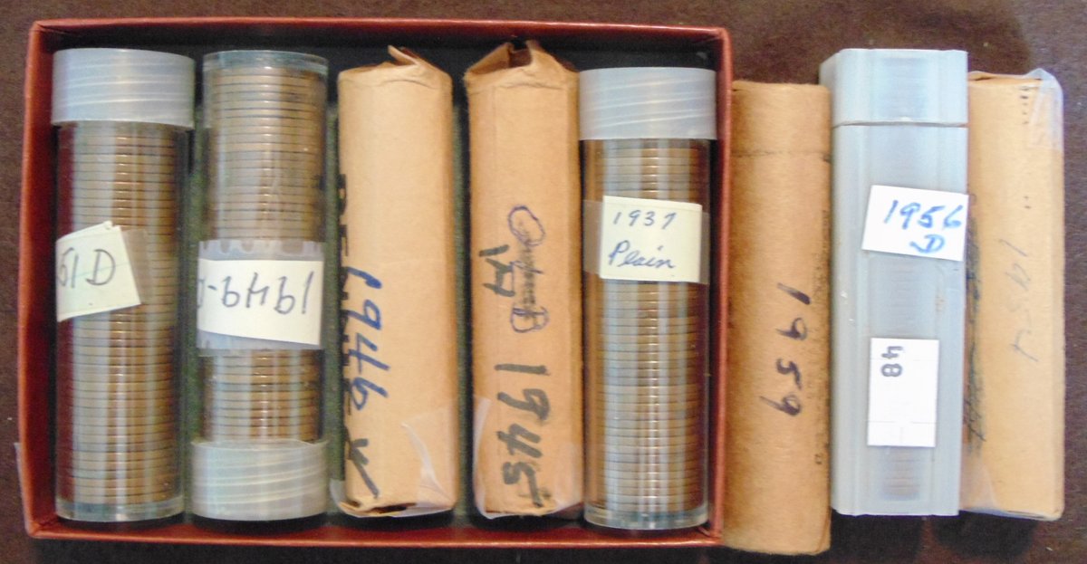 7 rolls of Wheat Cents 1937, 45, 46, 49-D, 51-D, 54, 56-D, 1 roll UNC 1959.