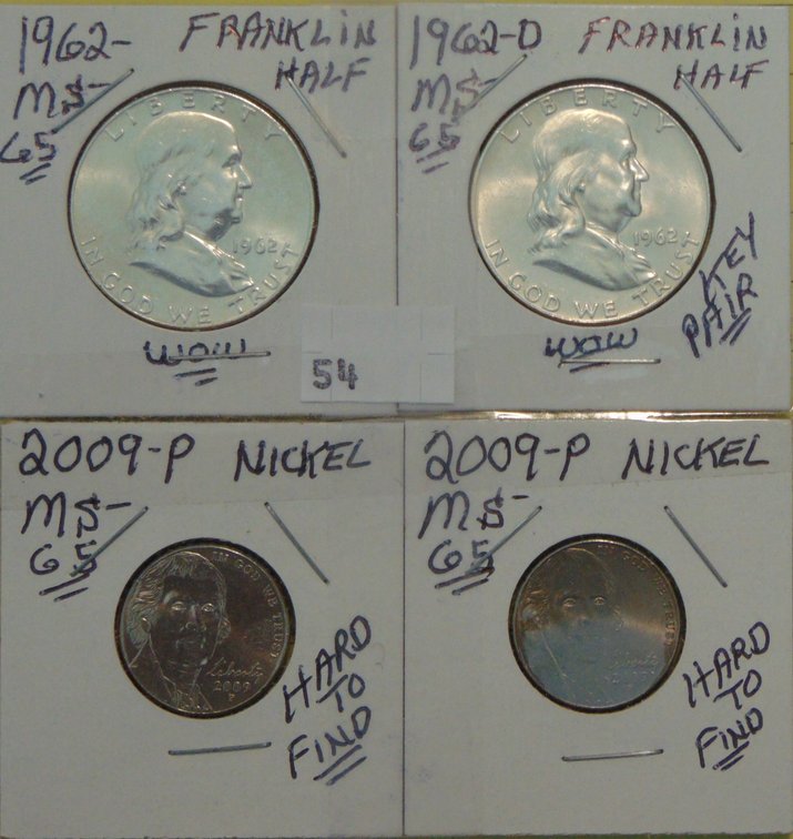 1962, 1962-D Franklin Half Dollars MS. 2 2009-P Nickels (better date).