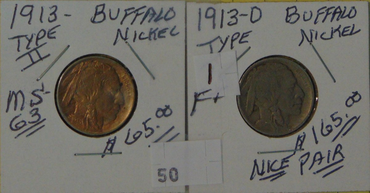 1913, 1913-D Buffalo Nickels MS, F+ (both Type 1).