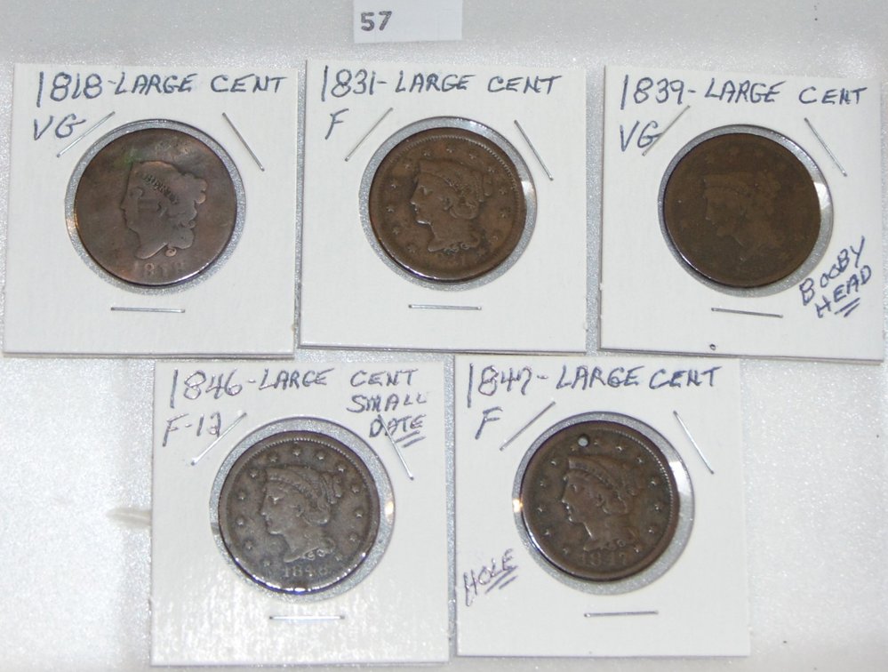 5 Large Cents: 1818, 1831, 1839, 1846, 1847 (hole).