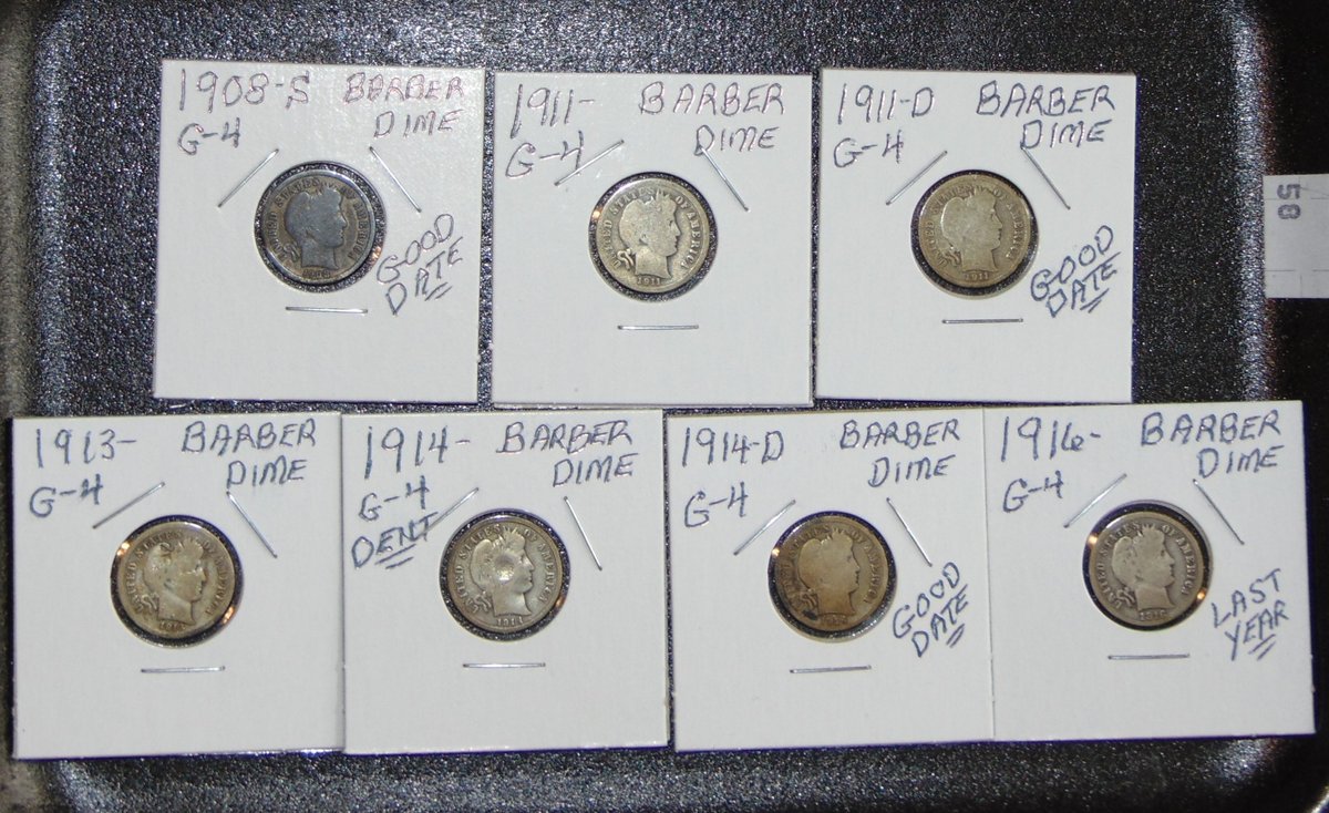 7 Barber Dimes: 1908-S,. 11, 11-O, 13, 14, 14-D, 16.