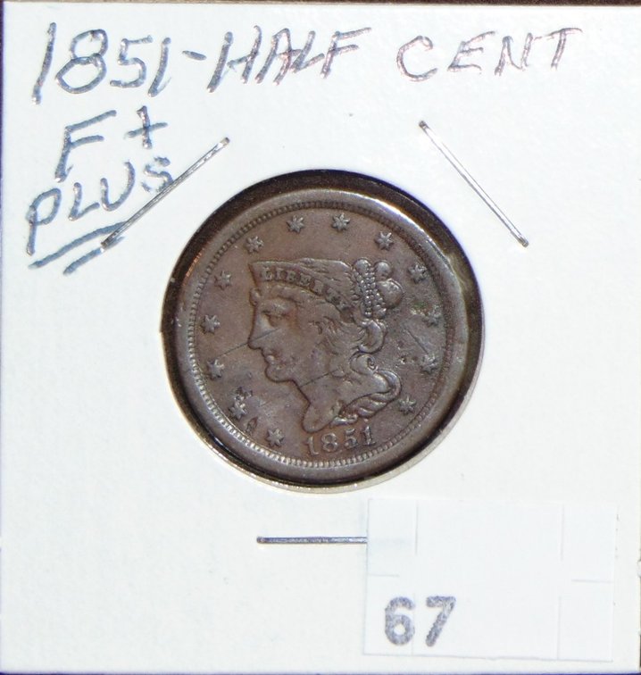 1851 Half Cent F (scratches).