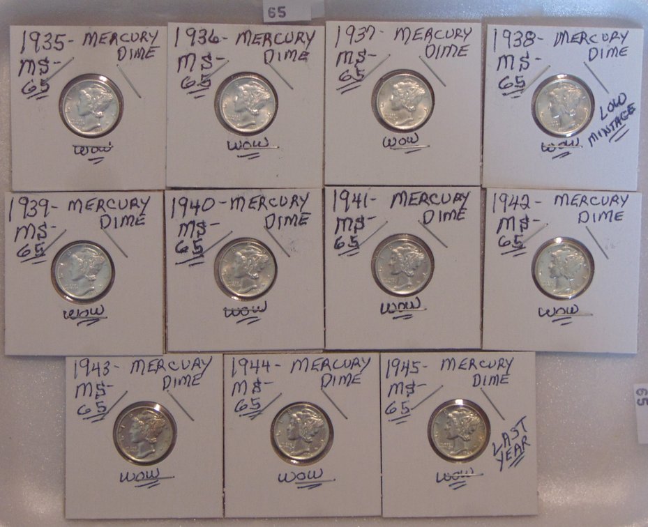 11 Mercury Dimes: 1935, 36, 37, 38, 39, 40, 41, 42, 43, 44, 45. Wow! 