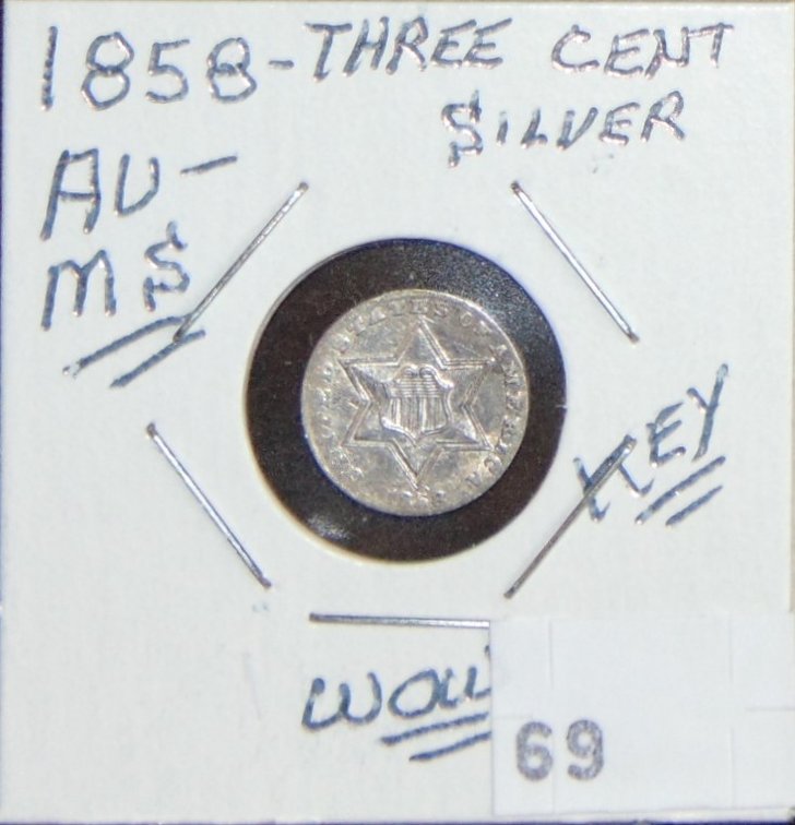 1858 3¢ Silver AU.