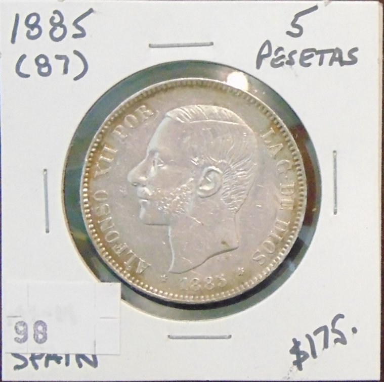 1885 (87) Spain 5 Pestas (Silver).
