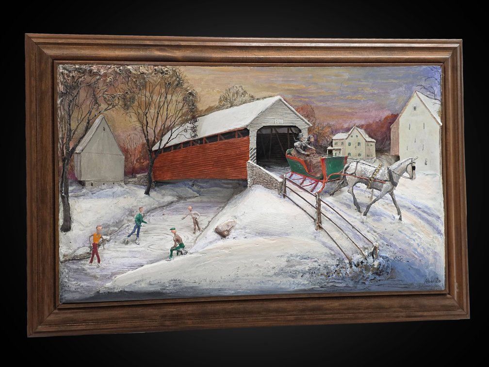 Winter Evening Mixed Media 3-D Countryside Landscape by Abner Zook, 1997