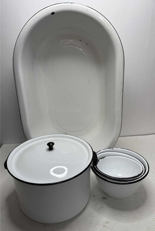 Lisk Enamelware Basin, Bowls & Pot