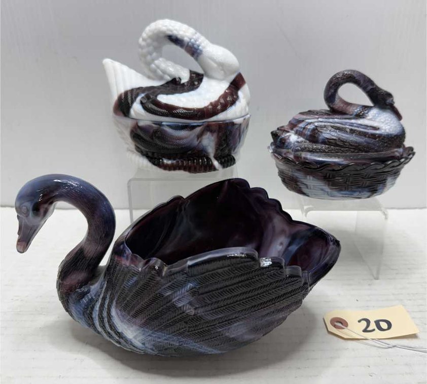 Amethyst Slag Glass Swan Bowl & Swans on Nests