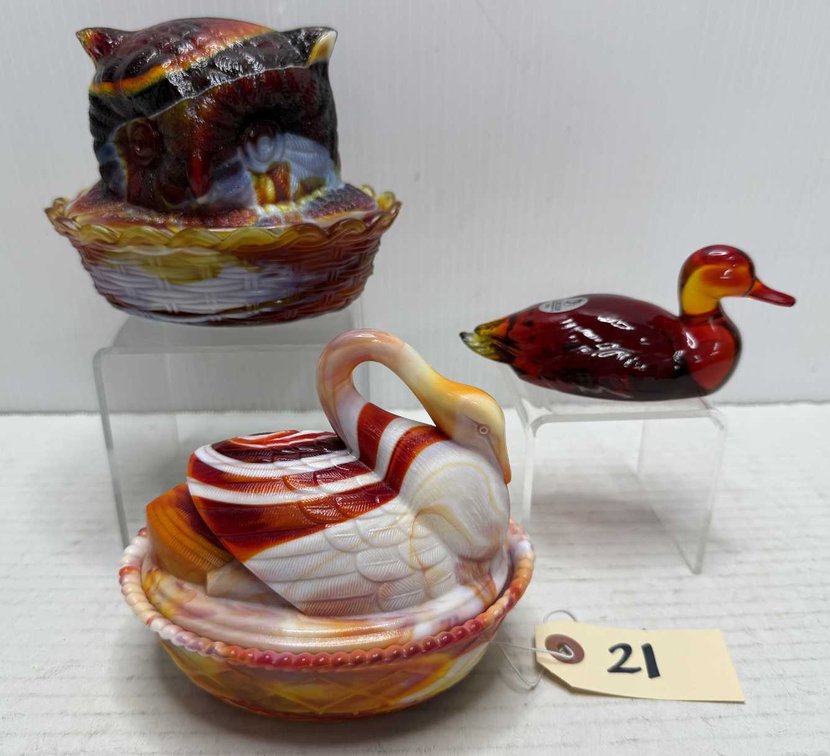 Amberina Slag Glass Owl & Swan Candy Dish & Duck