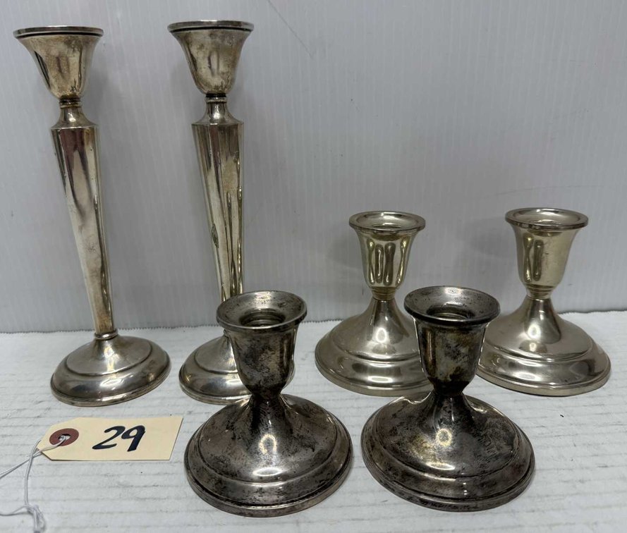 3 Pairs of Sterling Silver Weighted Candlesticks