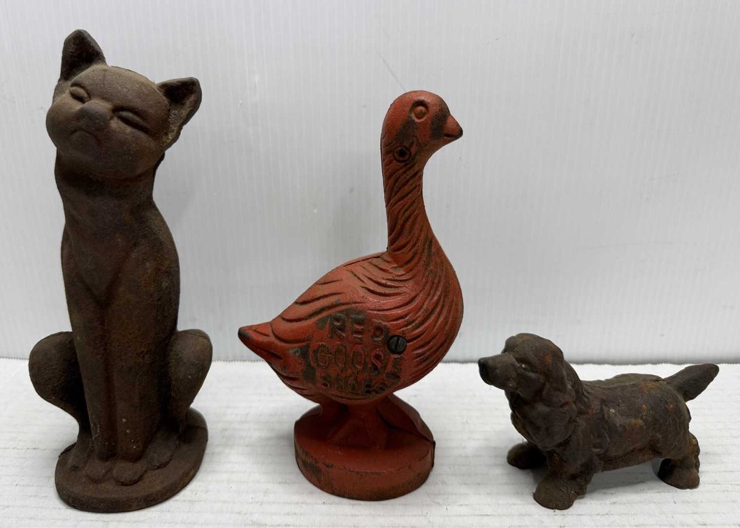 (3) Cast Iron Banks - Red Goose Shoes, Cat +