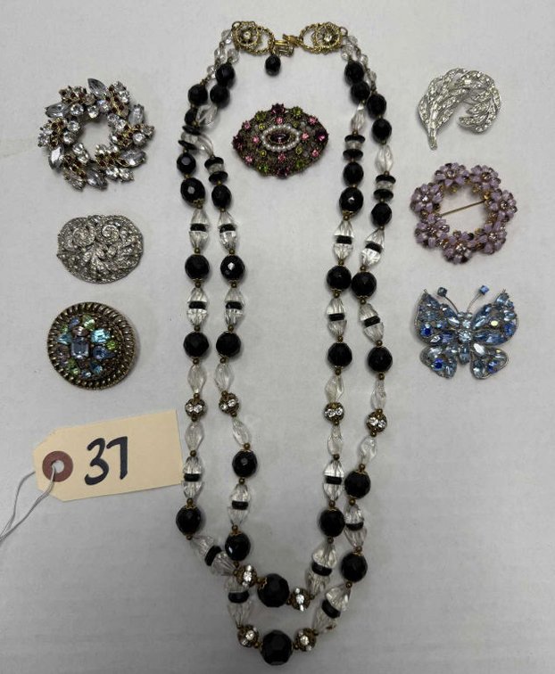 Vintage Freirich Beaded Necklace & Rhinestone Pins