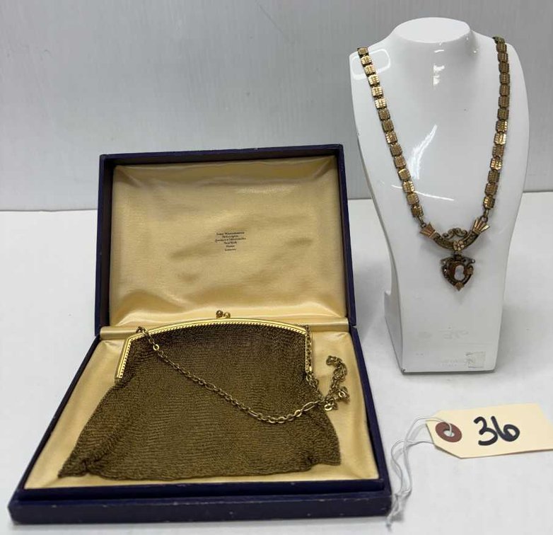 Gold Mesh Purse & Cameo Book Chain Necklace
