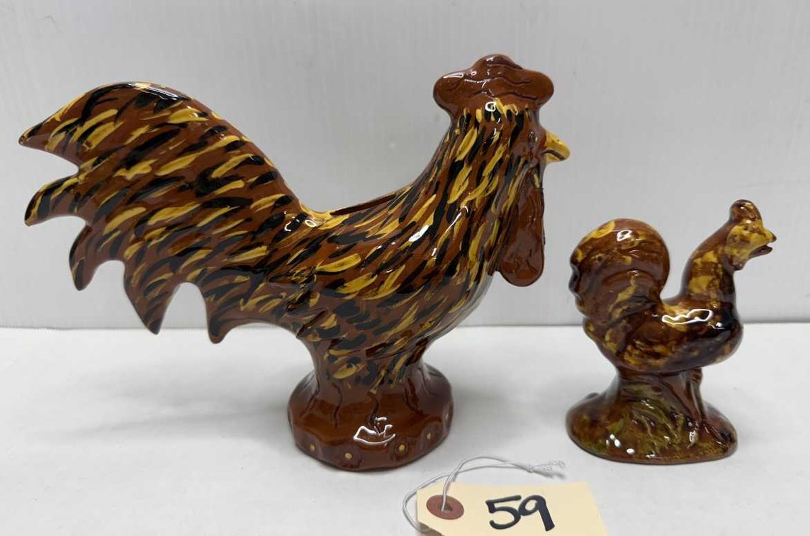 Breininger Pottery Redware Rooster Bank & Figurine