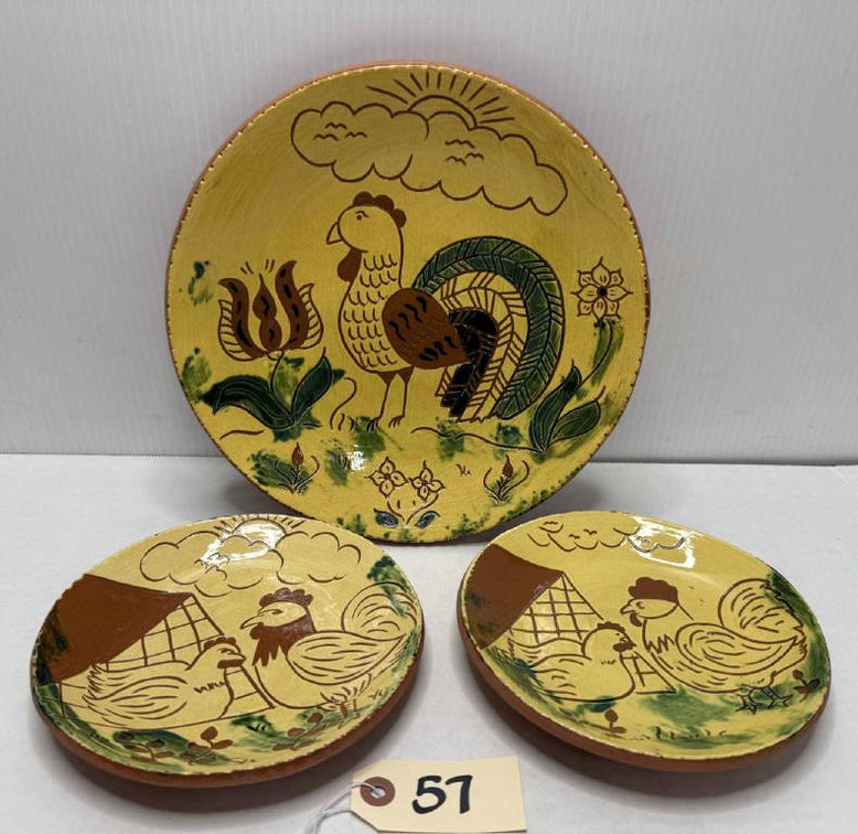 (3) Breininger Redware Pottery Chicken Plates
