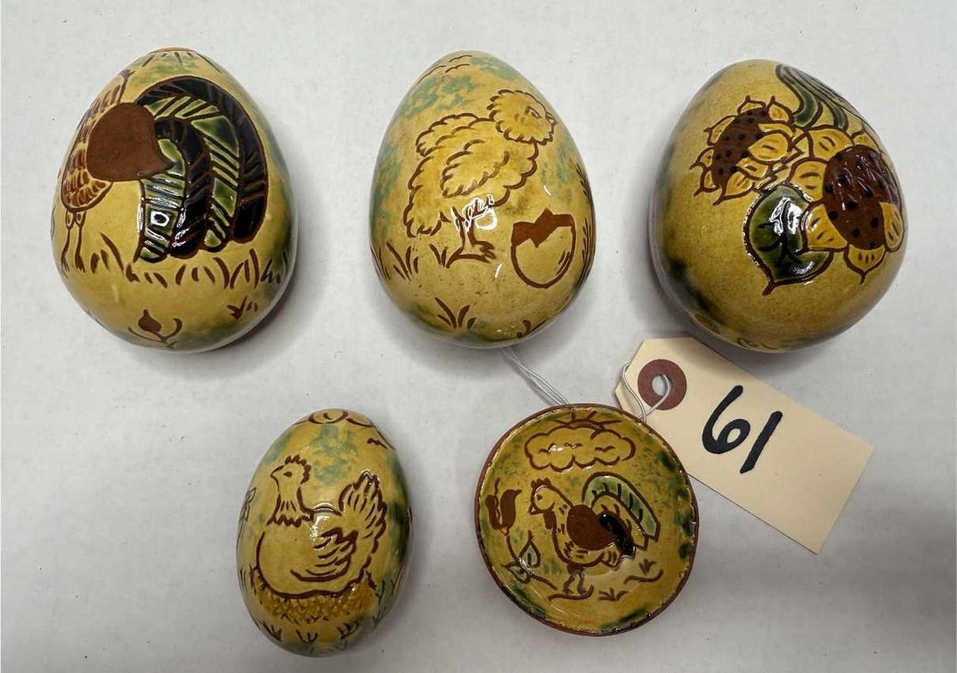 5pcs Breininger Pottery Redware Eggs & Plate