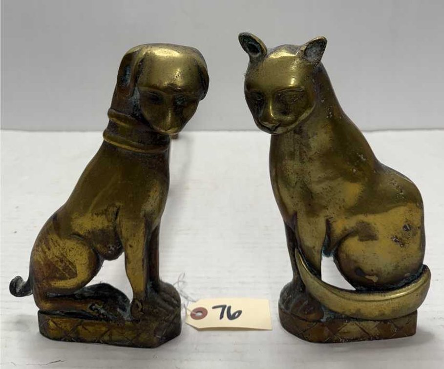 Solid Brass Cat & Dog Andirons w/ Hooks