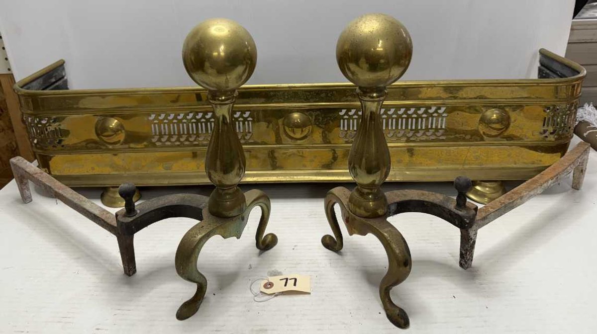 Brass Fireplace Fender and Andirons w/ Hooks