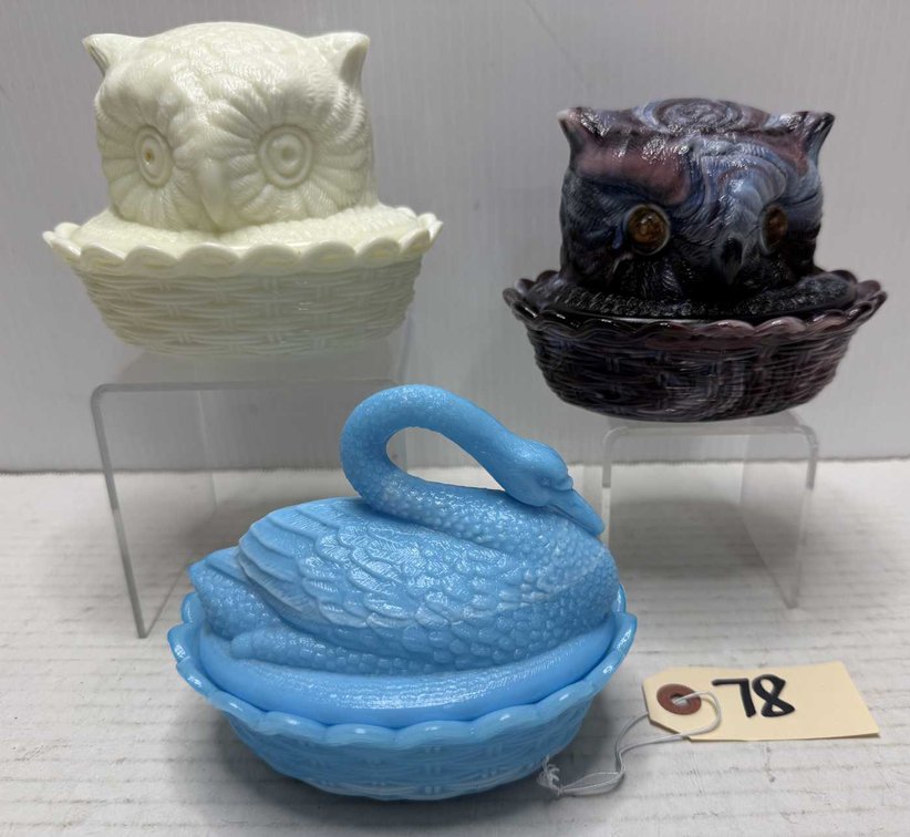 (3) Glass Owls & Swan on Nest Candy Dishes