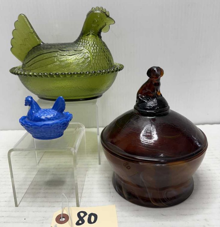 Glass Lidded Bowl -Hens on Nests, Dog Finial
