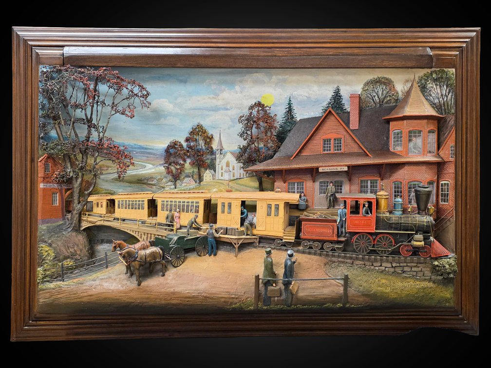 Reading PA Train Station Mixed Media 3-D Black Light Painting by  Abner Zook, 1986