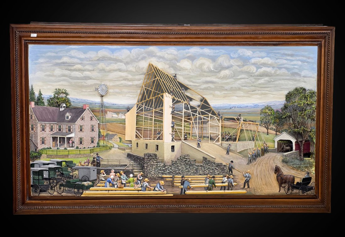Barn Raising Mixed Media 3-D Farm Scene by Abner Zook, 1975