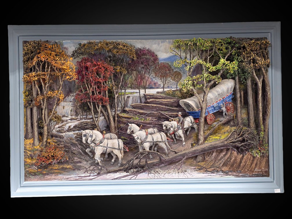 Interstate Covered Wagon Mixed Media 3-D Landscape by Abner Zook, 1975