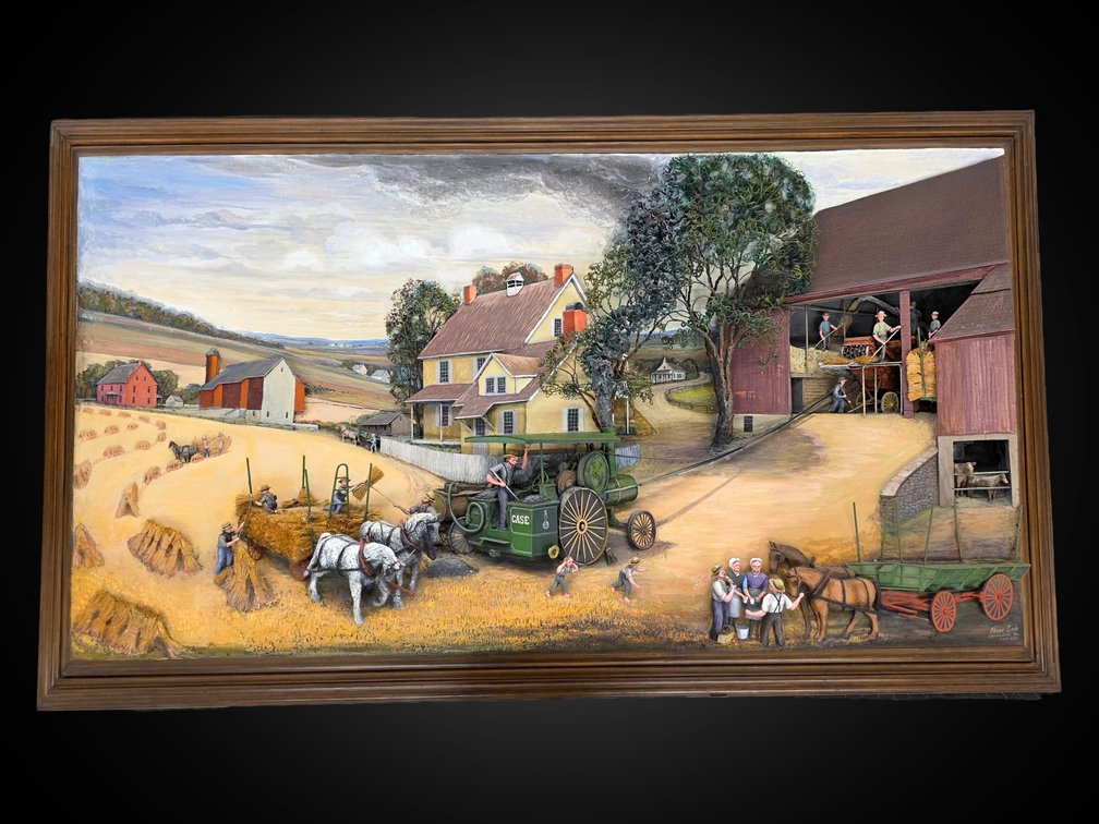 Harvest Time Mixed Media 3-D Farm Scene by Abner Zook, 1988