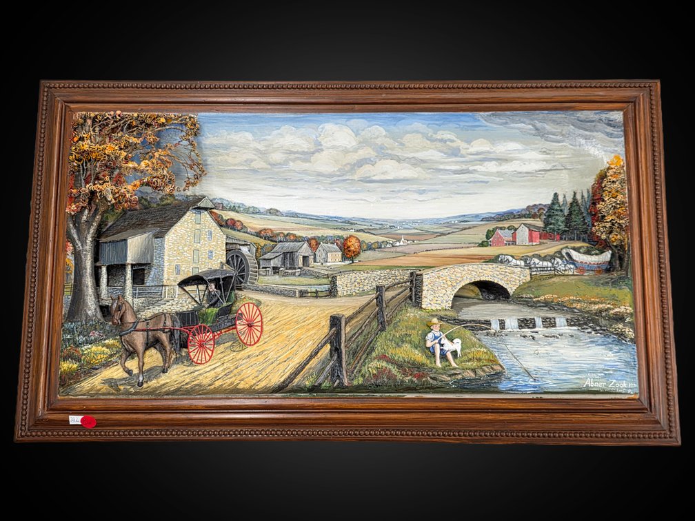 Gone Fishing Mixed Media 3-D Countryside Landscape Scene by Abner Zook, 1971