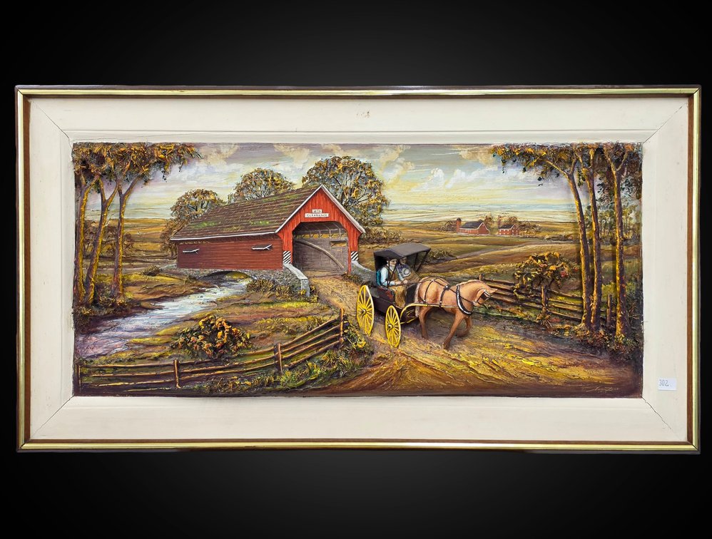 Covered Bridge Mixed Media 3-D Countryside Landscape Scene by Aaron Zook, 1983