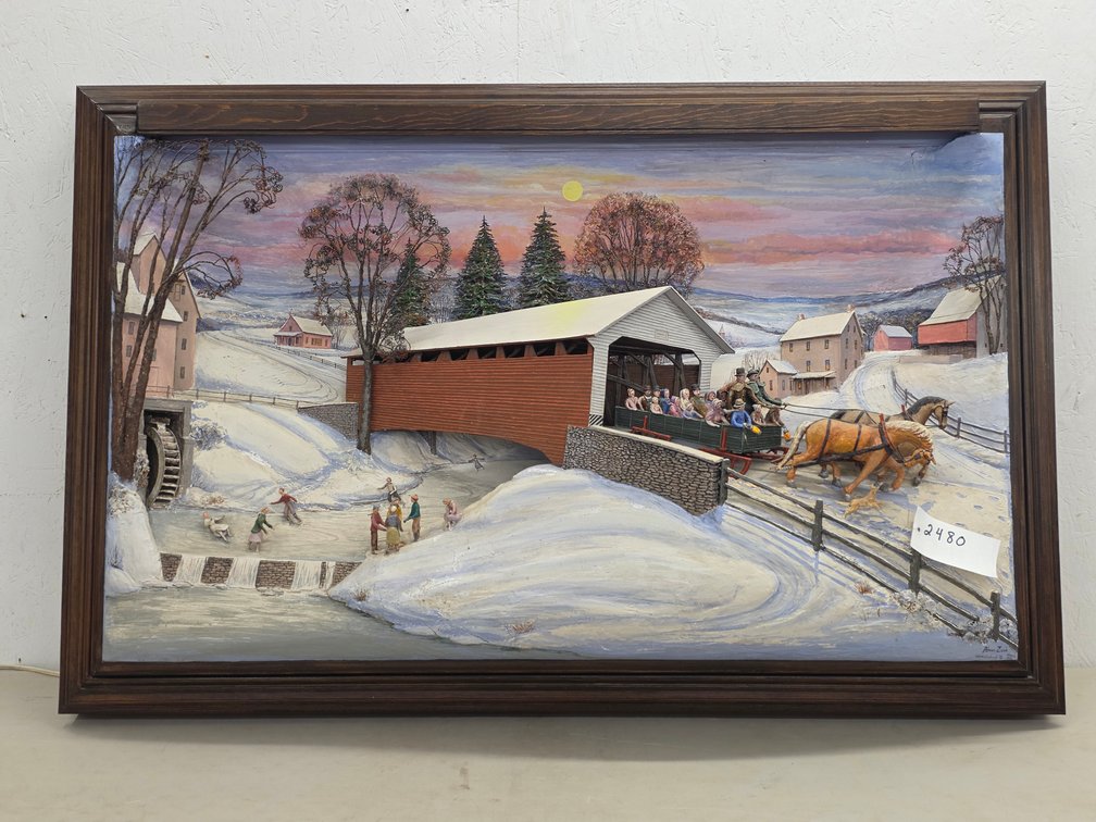 Framed 3-D Blacklight Winter Covered Bridge by Abner Zook March 1986