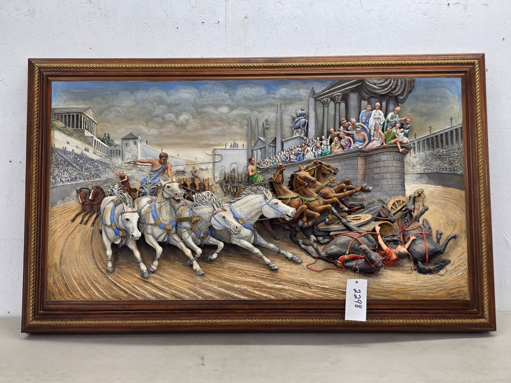 Framed 3-D Roman Chariot Race by Abner Zook 1976
