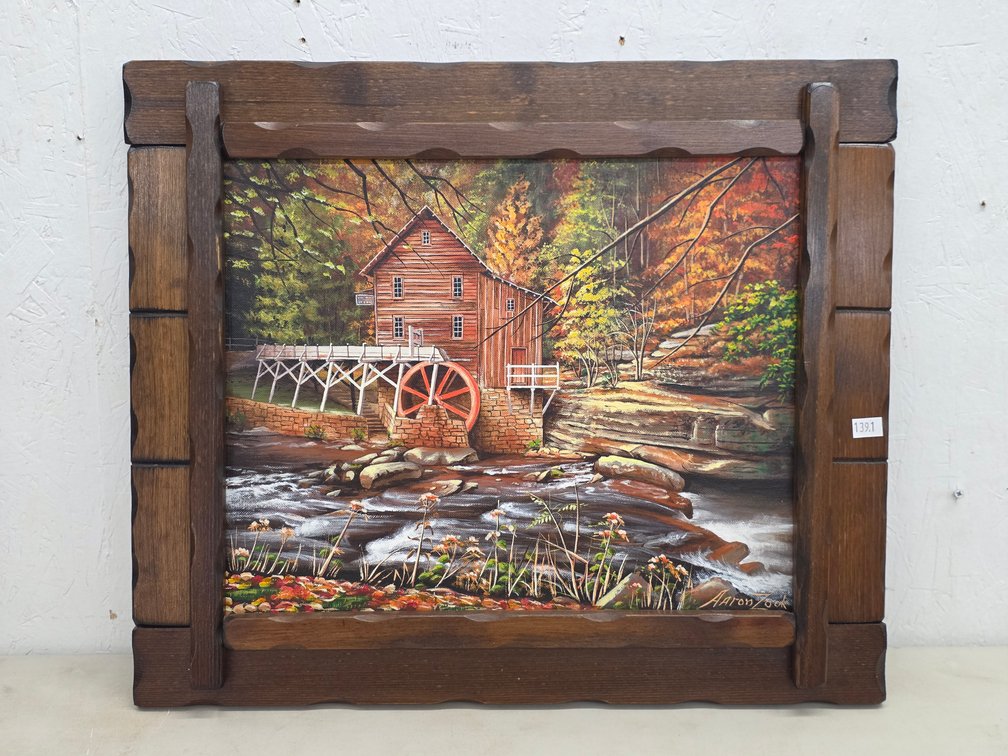 Framed Landscape Painting of a Water Mill by Aaron Zook