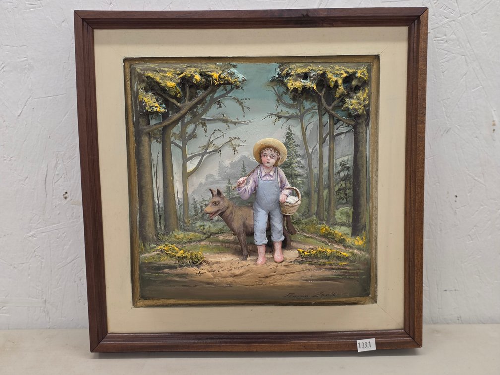 Framed 3-D Woodland Child and Dog by Aaron Zook 1999