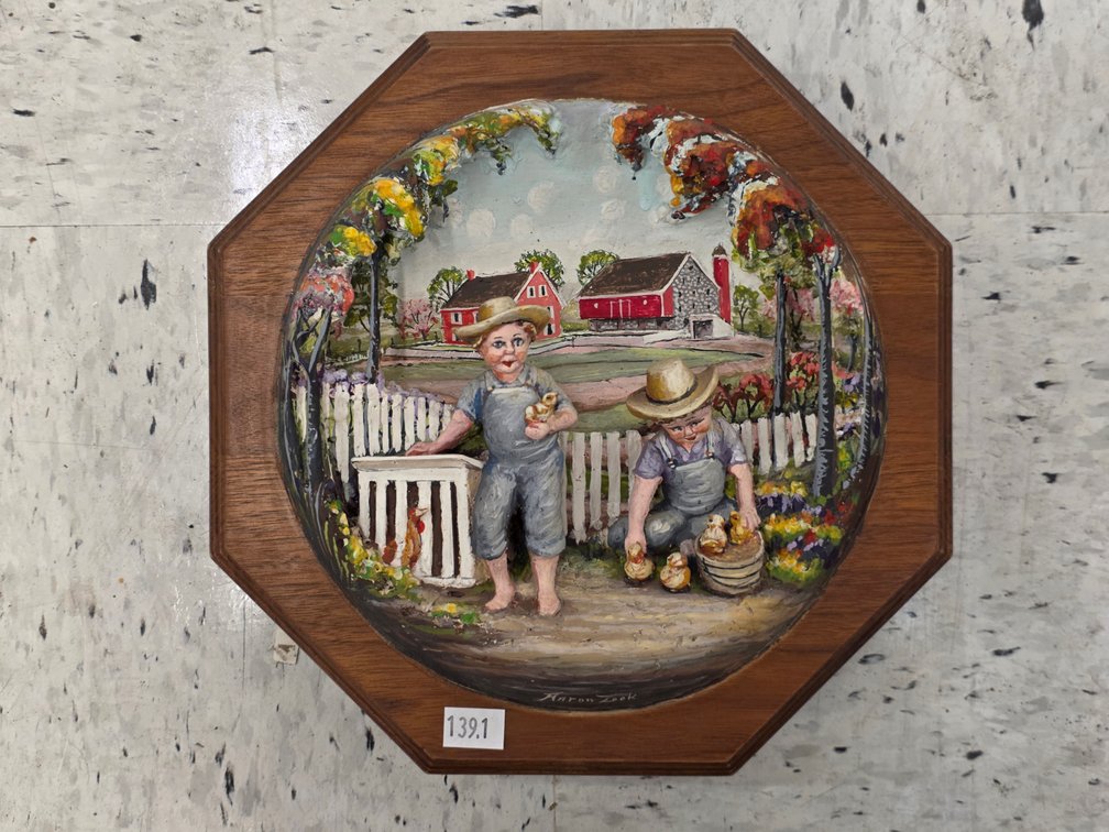 Framed Octagonal 3-D Farm Children with Chicks by Aaron Zook