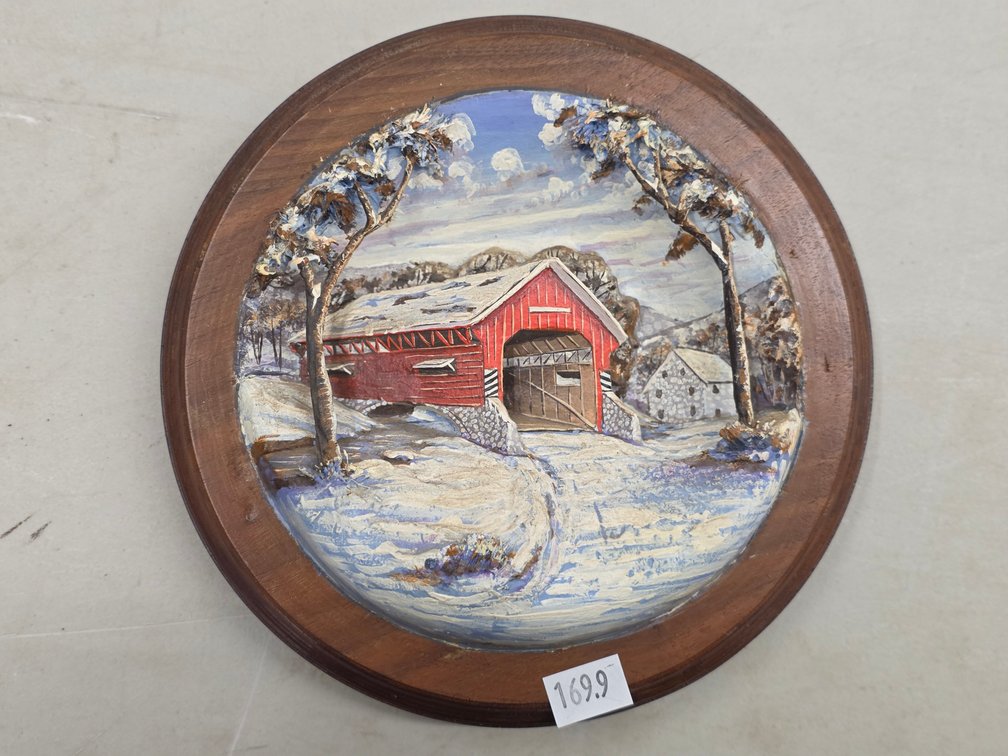 Framed Round 3-D Covered Bridge Winter by Aaron Zook