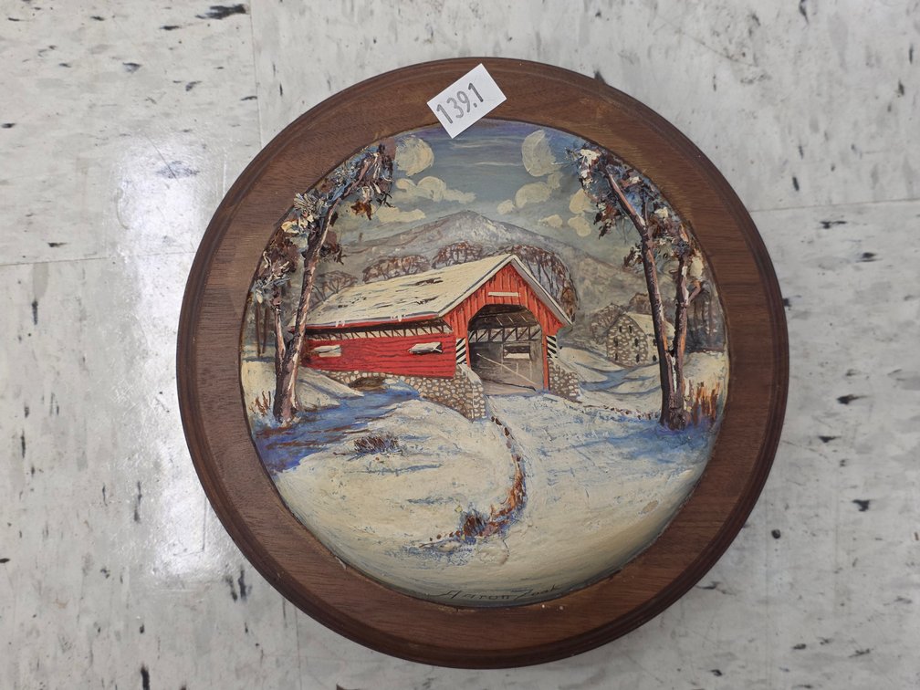 Framed Round 3-D Winter Mill Scene by Aaron Zook