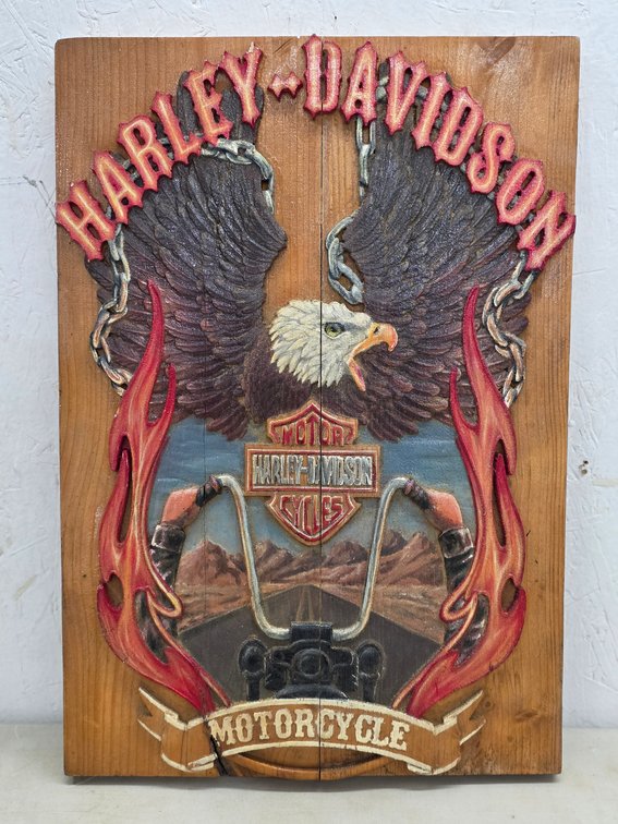 Hand-Carved Low-Relief Harley-Davidson Panel by Todd Bryan