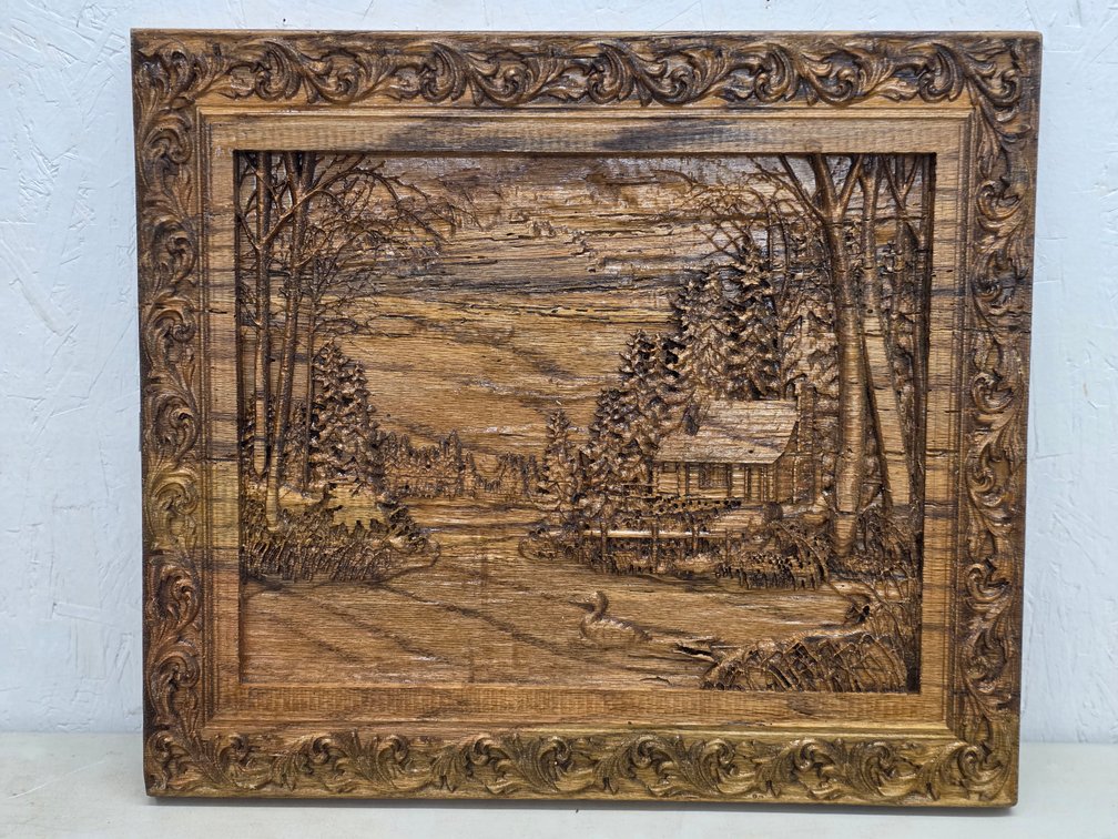 Hand-Carved Low-Relief Cabin in the Woods Panel by Todd Bryan