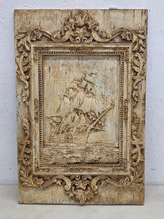 Hand-Carved Low-Relief Pirate Ship Panel by Todd Bryan