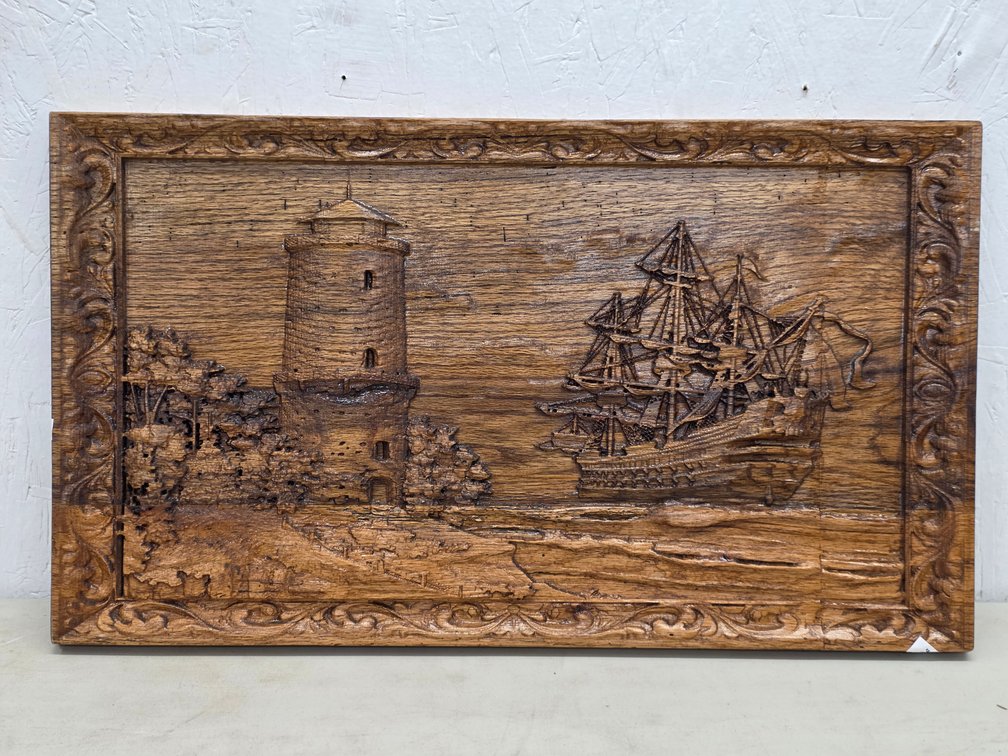 Hand-Carved Low-Relief Ship & Lighthouse Panel by Todd Bryan