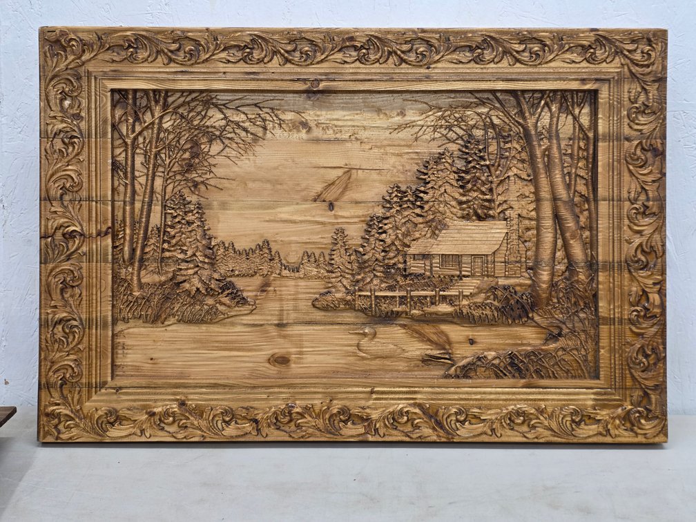Hand-Carved Low-Relief Cabin in the Woods Panel by Todd Bryan
