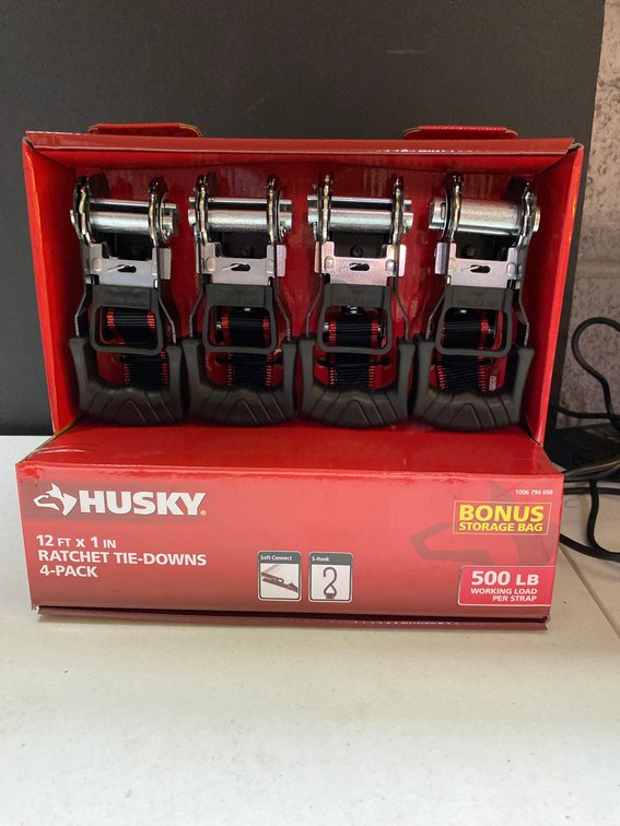 New 4pk Husky 12'x1" Ratchet Tie Downs