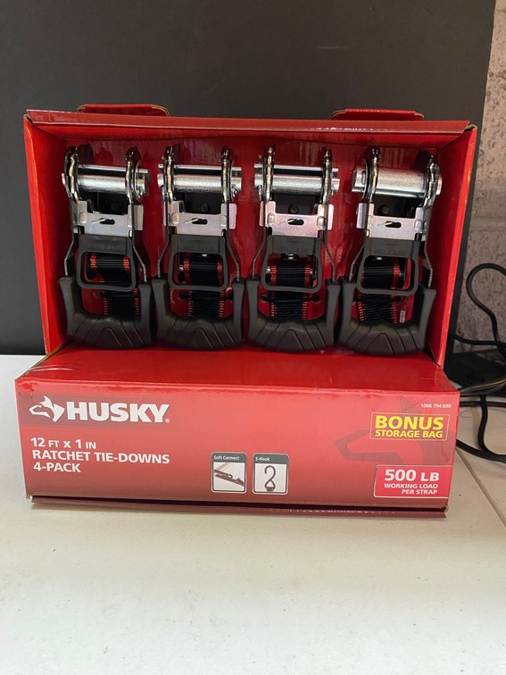 New 4pk Husky 12'x1" Ratchet Tie Downs
